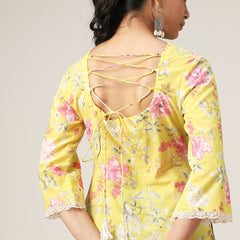 Cotton Hip Length Printed 3/4 Sleeve V-Neck Straight Top