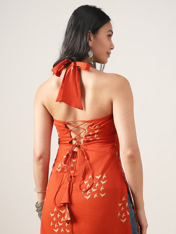 Rayon Mid Length Printed Sleeveless V-Neck Straight Kurta