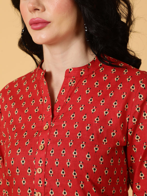 Cotton  Midi Length Printed Straight 3/4 Sleeves Mandarin Top