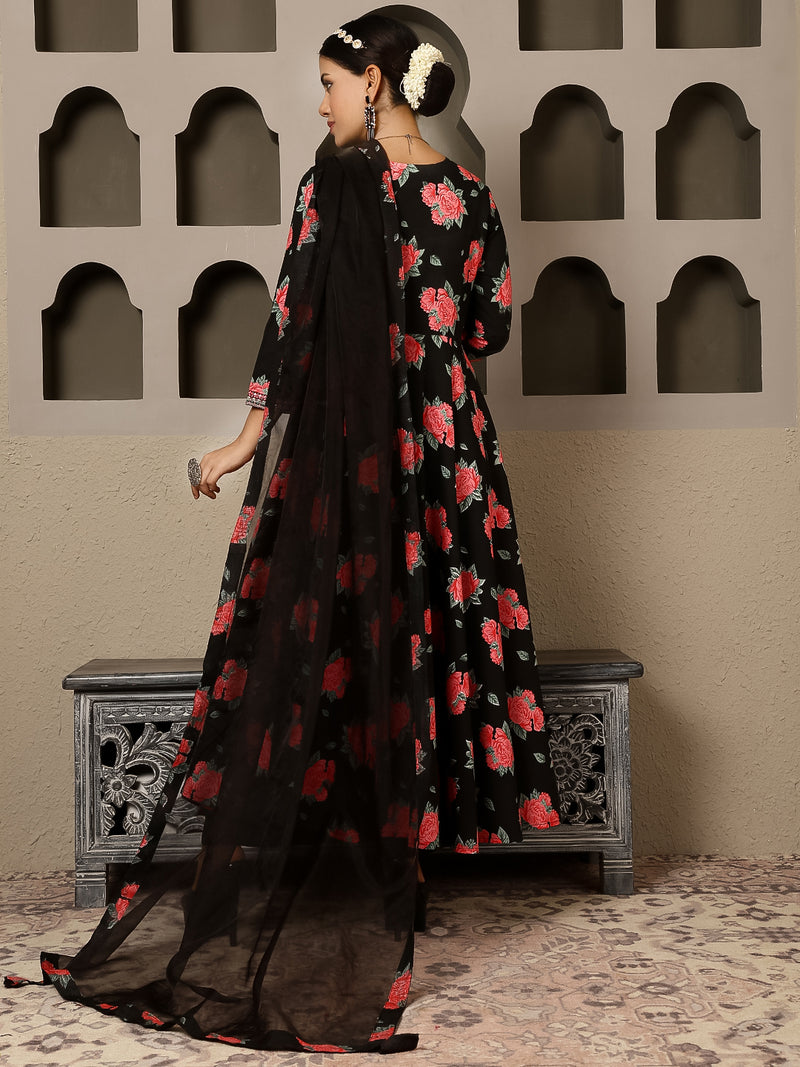 Black Rayon Calf Length Printed V-Neck Anarkali Kurta Suit Set