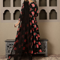 Black Rayon Calf Length Printed V-Neck Anarkali Kurta Suit Set