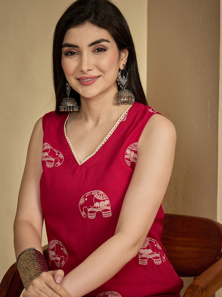 Gulmohar Jaipur Rayon Calf Length Printed Sleeveless V-Neck Straight Kurta Suit Set
