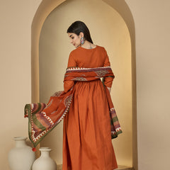 Gulmohar Jaipur Cotton Calf Length Solid 3/4 Sleeves Round Neck Flared Kurta Suit Set