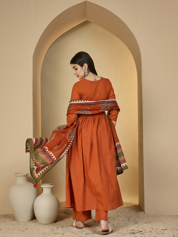 Gulmohar Jaipur Cotton Calf Length Solid 3/4 Sleeves Round Neck Flared Kurta Suit Set