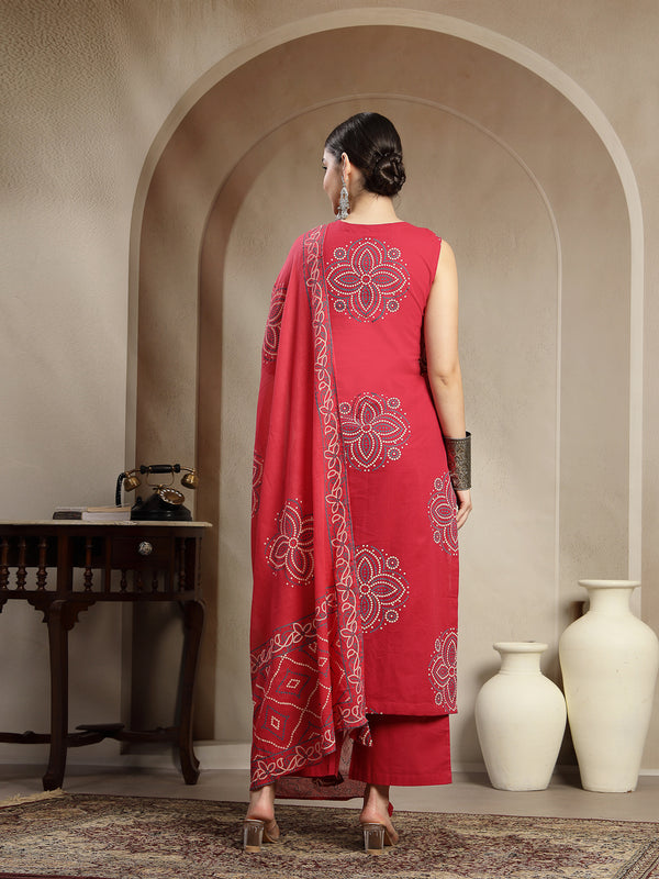 Gulmohar Jaipur Cotton Calf Length Printed Sleeveless Round Neck Straight Kurta Suit Set