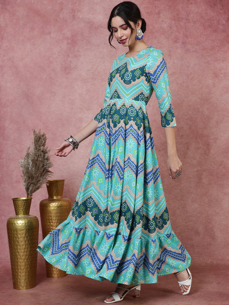 Rayon Ankle Length Printed Flared 3/4 Sleeves Round Kurta