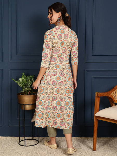 Blue Cotton Flex Calf Length Printed Mandarin Coller A-Line Kurta