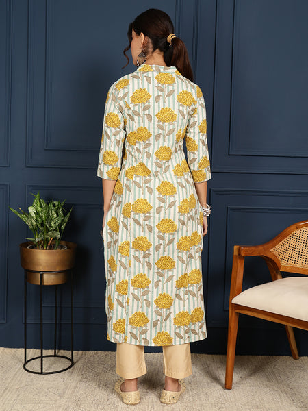 Mustard Cotton Flex Calf Length Printed Shirt Coller Straight Kurta