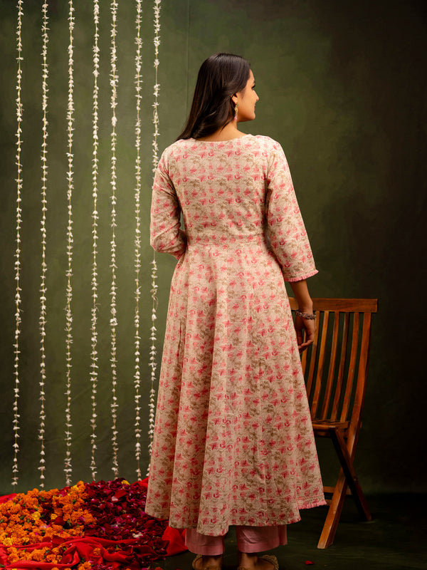 Off White Cotton Calf Length Printed Flared Angrakha Kurta Suit Set