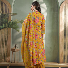 Cotton Calf Length Printed 3/4 Sleeves V-Neck Flared Kurta Suit Set