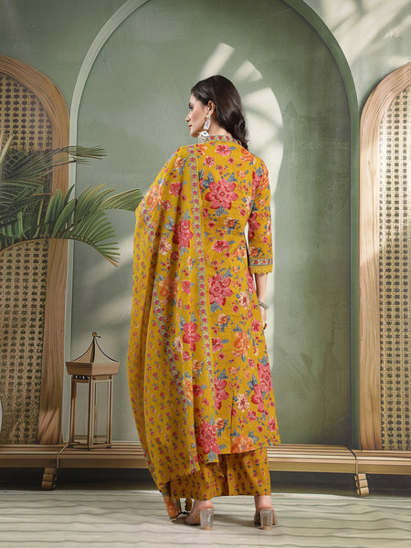 Cotton Calf Length Printed 3/4 Sleeves V-Neck Flared Kurta Suit Set