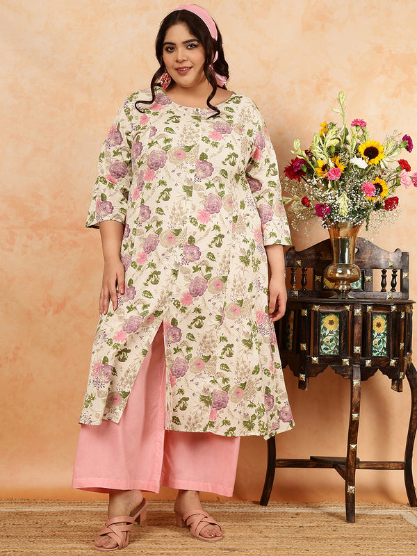 Cotton Flex  Calf Length Printed A-Line 3/4 Sleeves Round Kurta (Plus+)