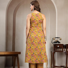 Cotton Calf Length Printed Sleeveless V-Neck Flared Kurta Suit Set