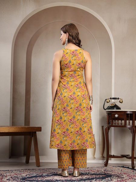 Cotton Calf Length Printed Sleeveless V-Neck Flared Kurta Suit Set