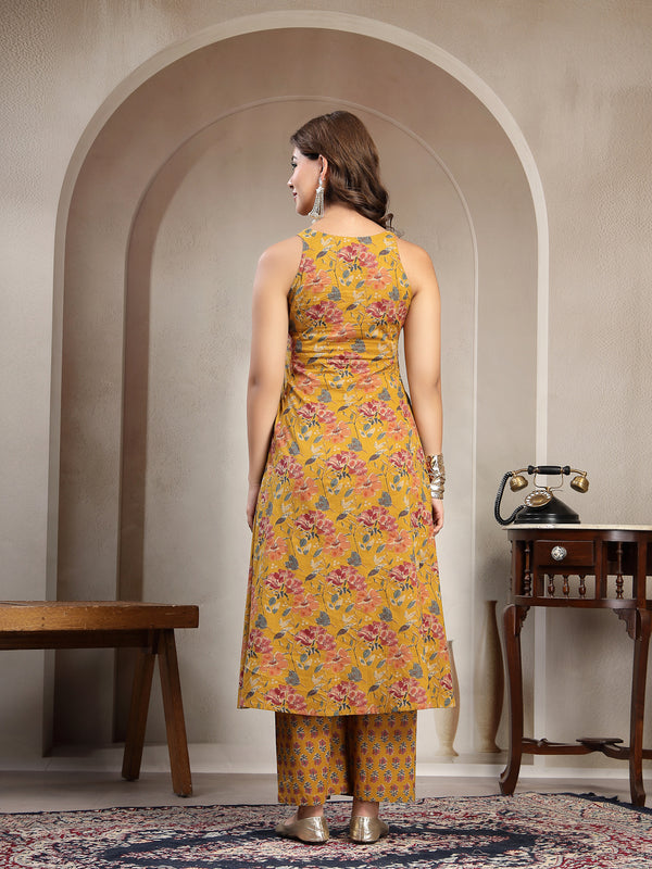 Cotton Calf Length Printed Sleeveless V-Neck Flared Kurta Suit Set