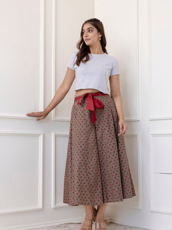Grey Cotton Calf Length Printed Flared Palazzo