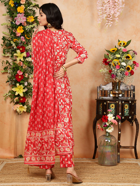Red Cotton Calf Length Printed V-Neck Straight Kurta Suit Set