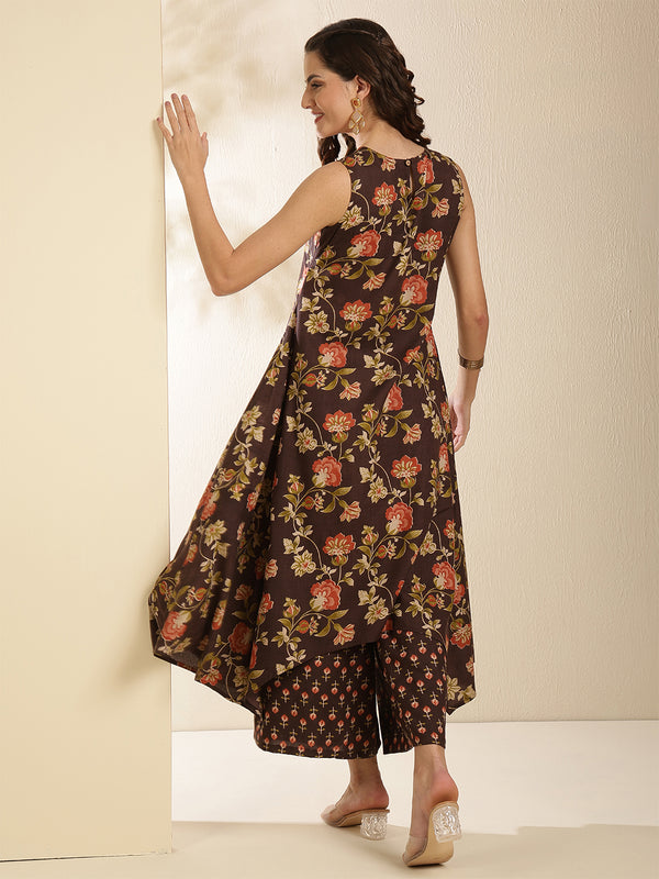 Brown Rayon Printed Sleeveless Round Neck Asymmetrical Kurta Bottom Set