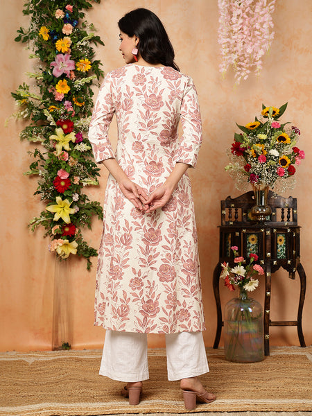Cream Cotton Flex Calf Length Printed Round Neck A-Line Kurta