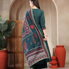 Gulmohar Jaipur Rayon Calf Length Printed 3/4 Sleeves Round Neck A-Line Kurta Suit Set