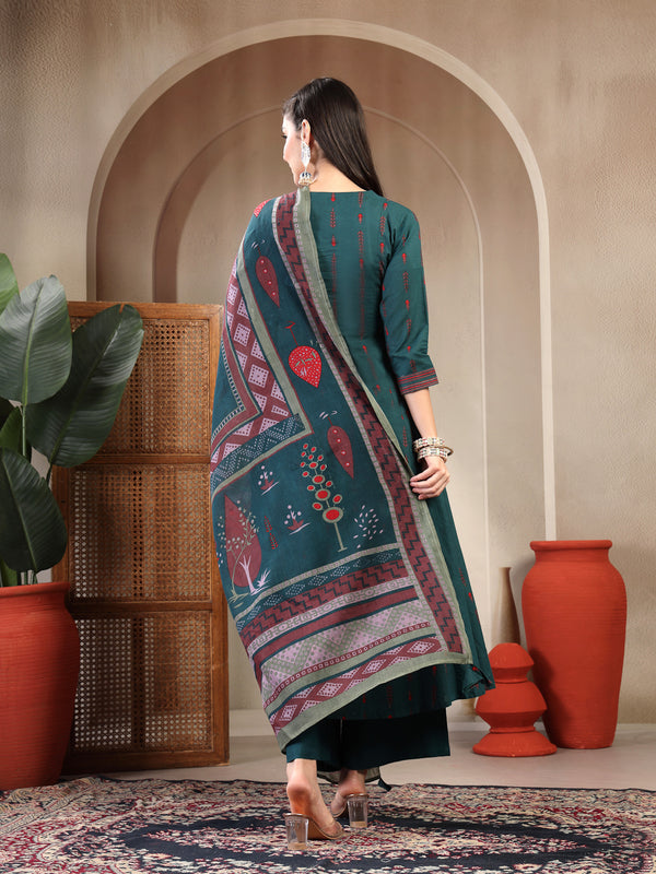 Gulmohar Jaipur Rayon Calf Length Printed 3/4 Sleeves Round Neck A-Line Kurta Suit Set