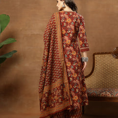 Cotton Calf Length Printed 3/4 Sleeves V-Neck Flared Kurta Suit Set