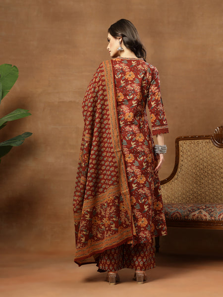 Cotton Calf Length Printed 3/4 Sleeves V-Neck Flared Kurta Suit Set