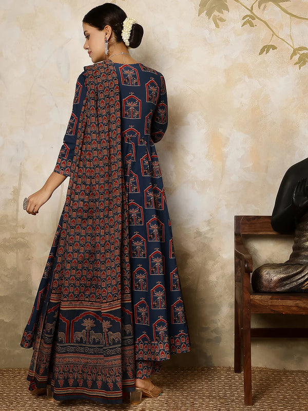Cotton Calf Length Printed V-Neck Anarkali Kurta Suit Set