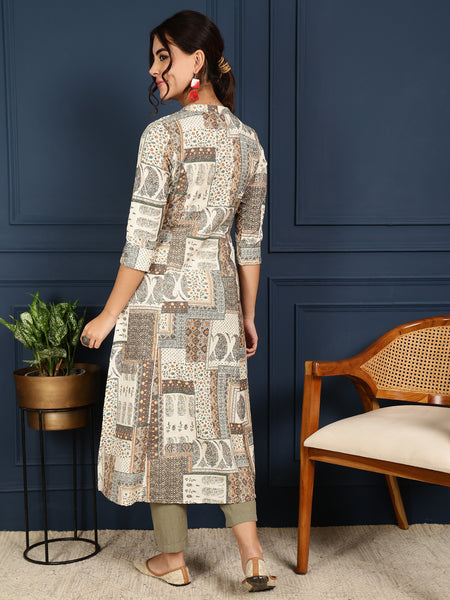 Cotton Flex Calf Length Printed Mandarin Coller A-Line Kurta