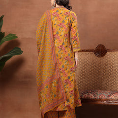 Cotton Calf Length Printed 3/4 Sleeves V-Neck Flared Kurta Suit Set