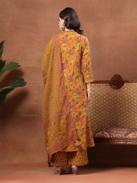 Cotton Calf Length Printed 3/4 Sleeves V-Neck Flared Kurta Suit Set