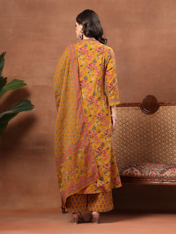 Cotton Calf Length Printed 3/4 Sleeves V-Neck Flared Kurta Suit Set