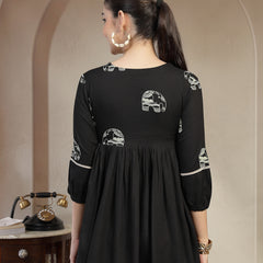 Gulmohar Jaipur Rayon Hip Length Printed 3/4 Sleeves V-Neck Flared Top