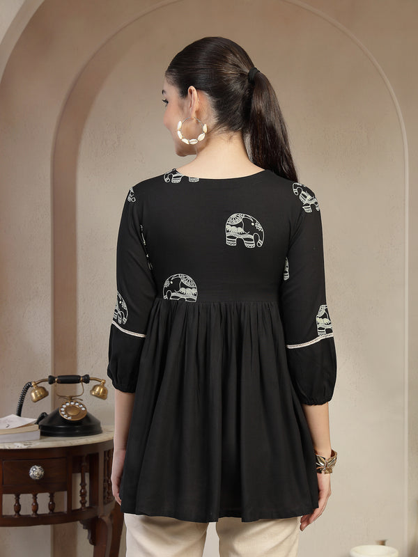 Gulmohar Jaipur Rayon Hip Length Printed 3/4 Sleeves V-Neck Flared Top