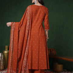 Cotton Calf Length Printed 3/4 Sleeves Round Neck Semi-Flared Kurta Suit Set