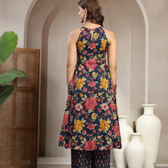 Cotton Calf Length Printed Sleeveless Round Neck Flared Kurta Suit Set