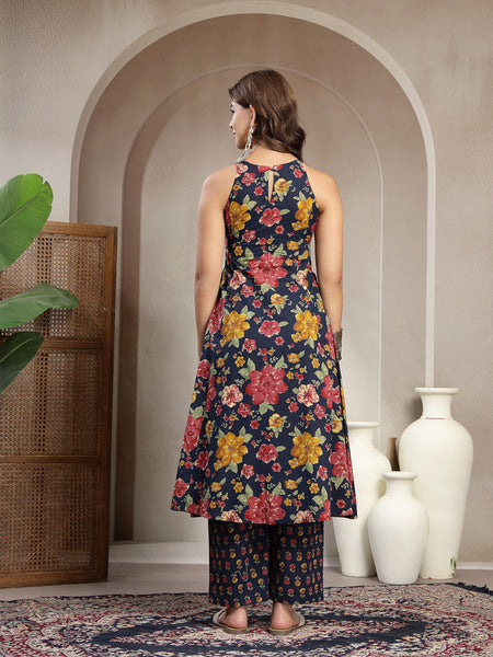 Cotton Calf Length Printed Sleeveless Round Neck Flared Kurta Suit Set