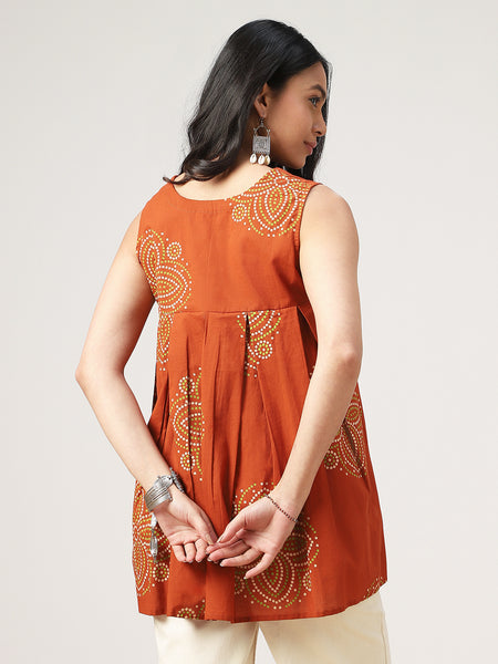 Cotton Hip Length Printed Sleeveless V-Neck Flared Top