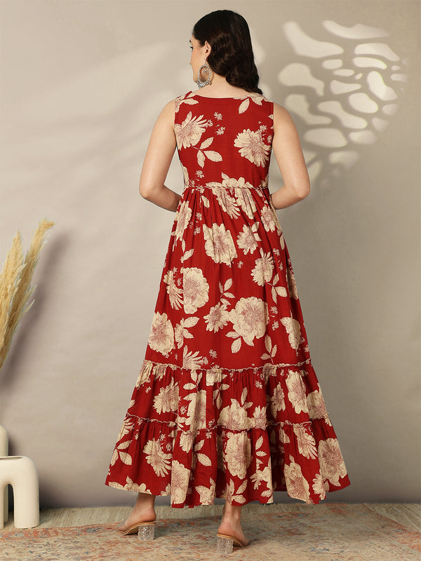 Cotton Calf Length Printed Flared Sleeveless Sweetheart Neck Dress