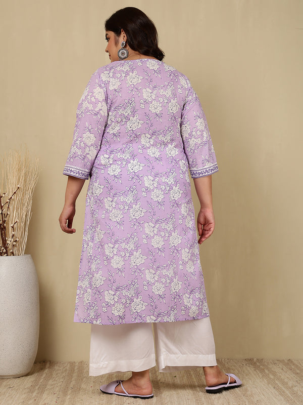 Cotton  Calf Length Printed Straight 3/4 Sleeves V-Neck Kurta