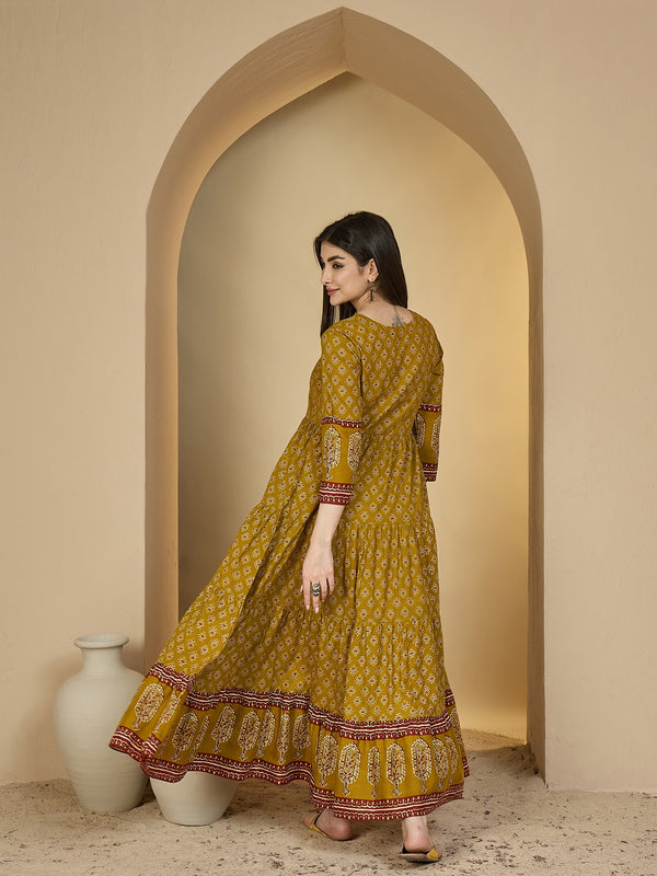 Gulmohar Jaipur Cotton Ankle Length Printed 3/4 Sleeves V-Neck Anarkali Kurta