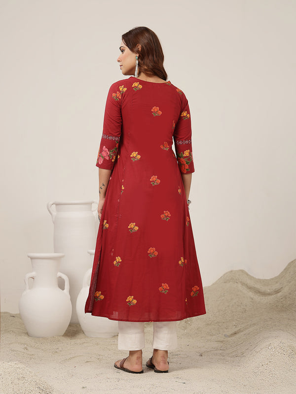 Rayon Calf Length Printed 3/4 Sleeve V-Neck Flared Kurta