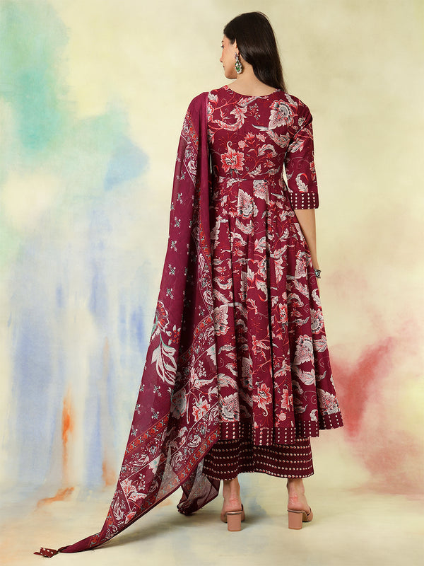 Maroon Pure Cotton Printed Hand-Work Anarkali Kurta Suit Set
