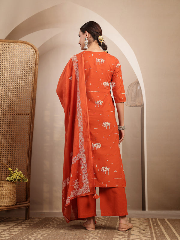 Gulmohar Jaipur Rayon Calf Length Printed 3/4 Sleeves V-Neck Straight Kurta Suit Set