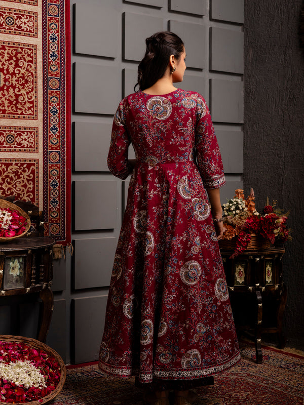 Cotton Calf Length Printed Flared V-Neck Kurta Suit Set