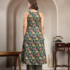 Cotton Calf Length Printed Sleeveless V-Neck Flared Kurta Suit Set