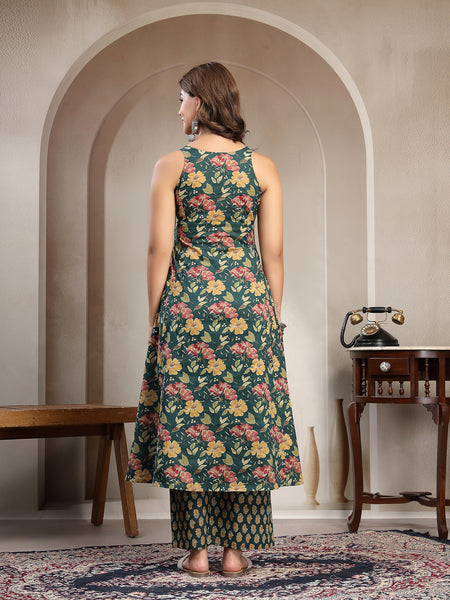 Cotton Calf Length Printed Sleeveless V-Neck Flared Kurta Suit Set