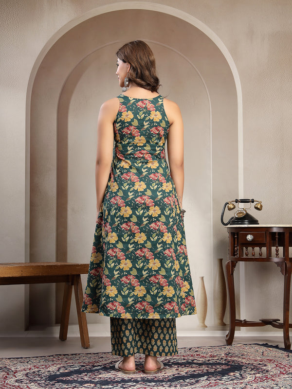 Cotton Calf Length Printed Sleeveless V-Neck Flared Kurta Suit Set