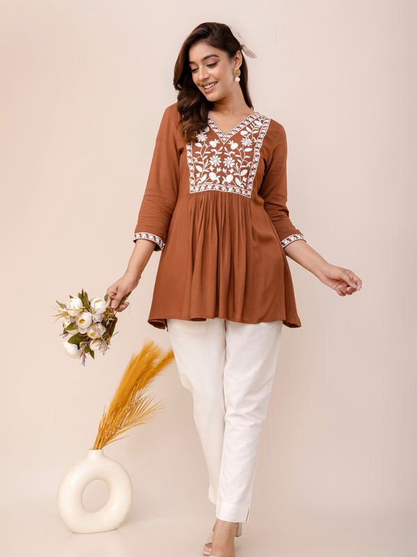 Brown Rayon Hip Length Solid V-Neck Solid Embroidered Semi-Flared Top