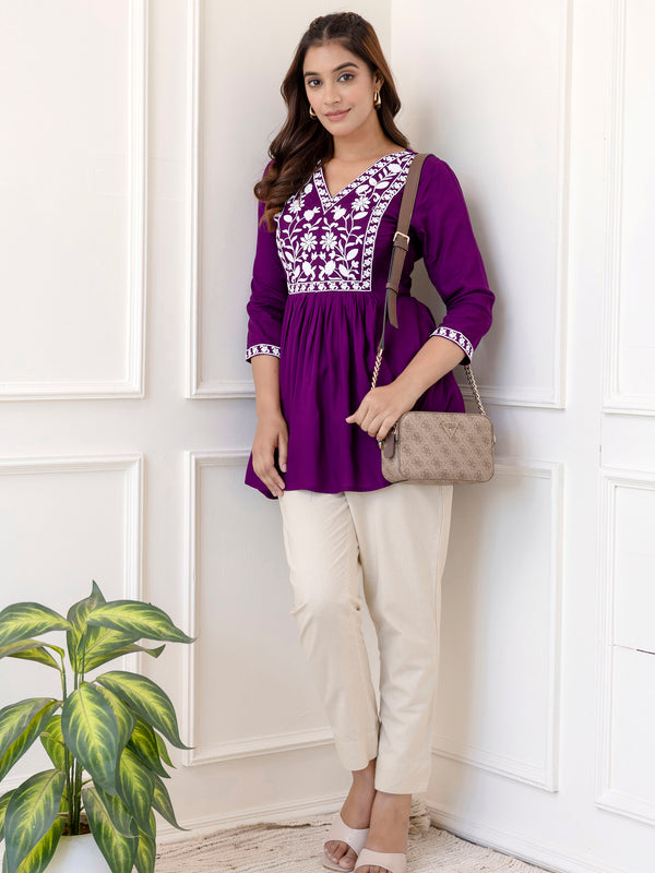 Purple Rayon Hip Length Solid V-Neck Solid Embroidered Semi-Flared Top